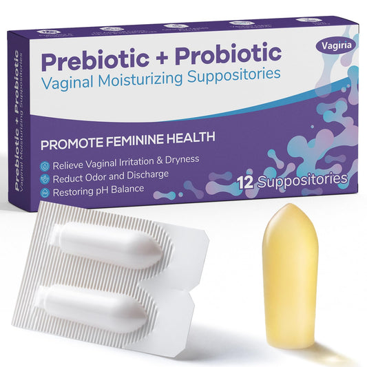 Vagiria vaginal probiotic suppositories packaging for discreet daily care.