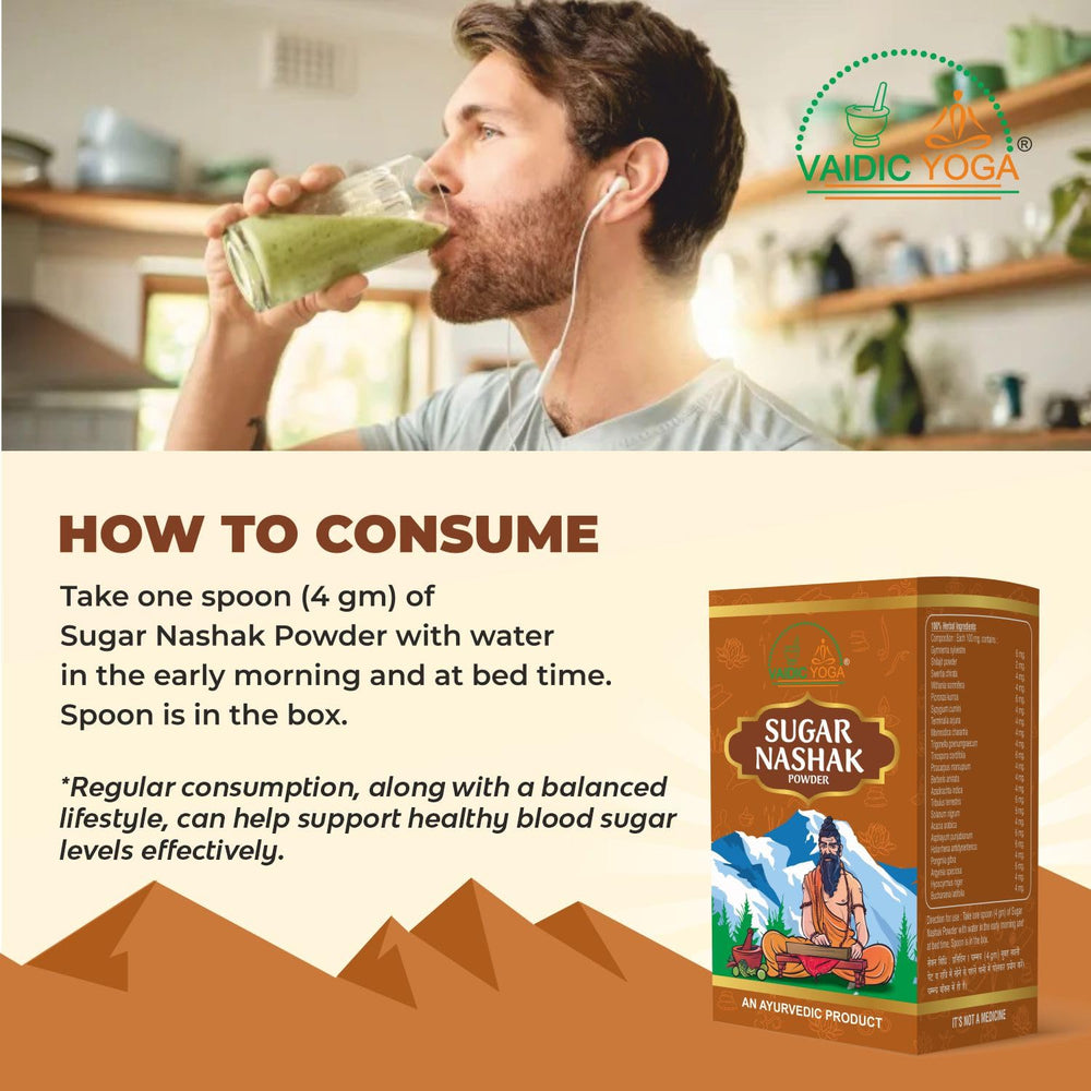 Vaidic Yoga Sugar Nashak Powder ingredients label highlighting vegan formula