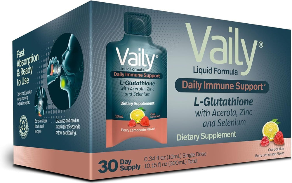 Vaily immune support liquid glutathione bottle for on-the-go vitality.