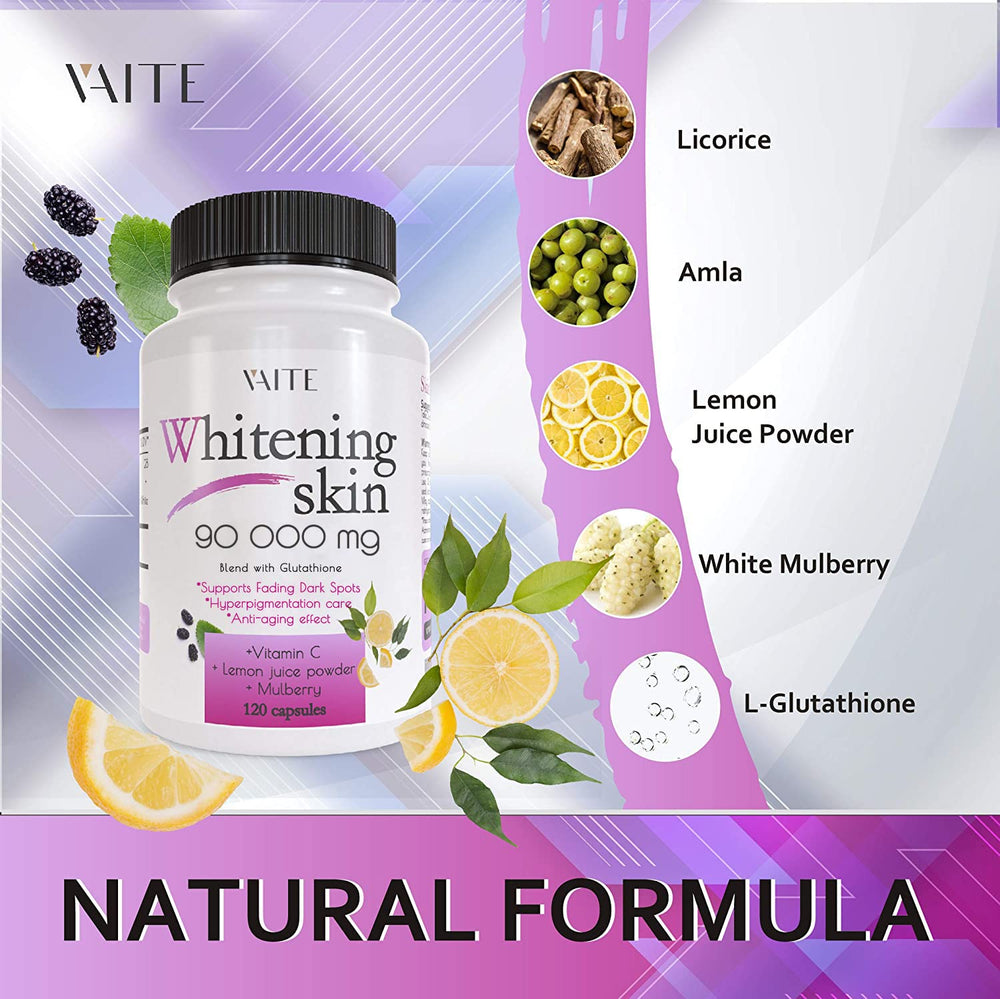 VAITE Glutathione pills visual of white mulberry and lemon powder ingredients for skin balance