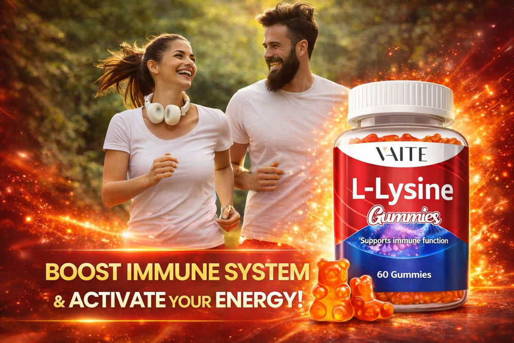 VAITE L-Lysine gummies ingredients chart showing non-GMO, vegan-friendly formula.