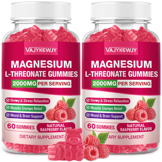 VAJYKEWJY magnesium L-Threonate gummies bottle with raspberry flavor for brain and muscle support.