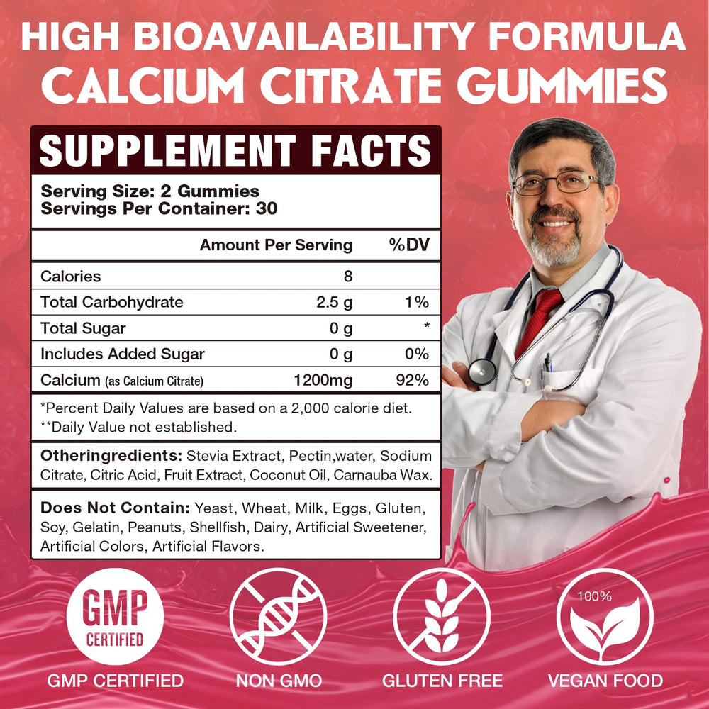 VAJYKEWJY calcium citrate gummies close-up highlighting chewy texture and raspberry taste