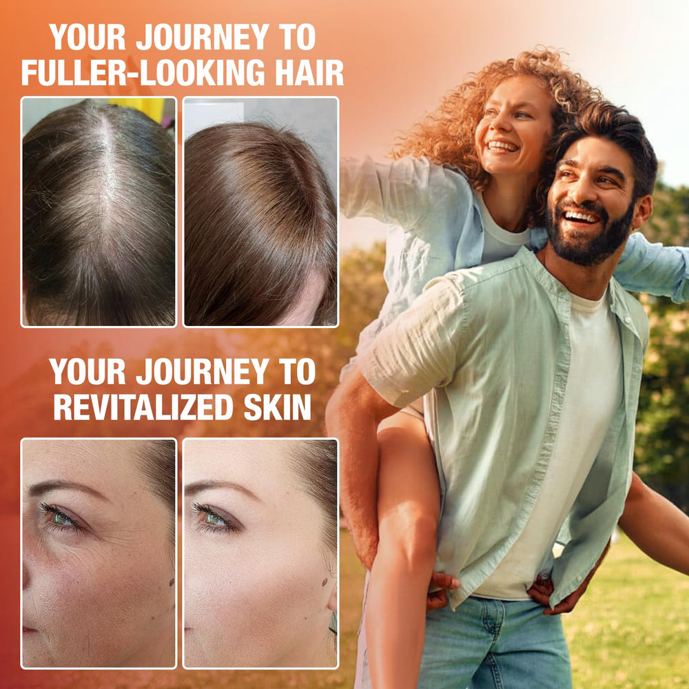 VAJYKEWJY hair and skin health infographic illustrating dual action formula