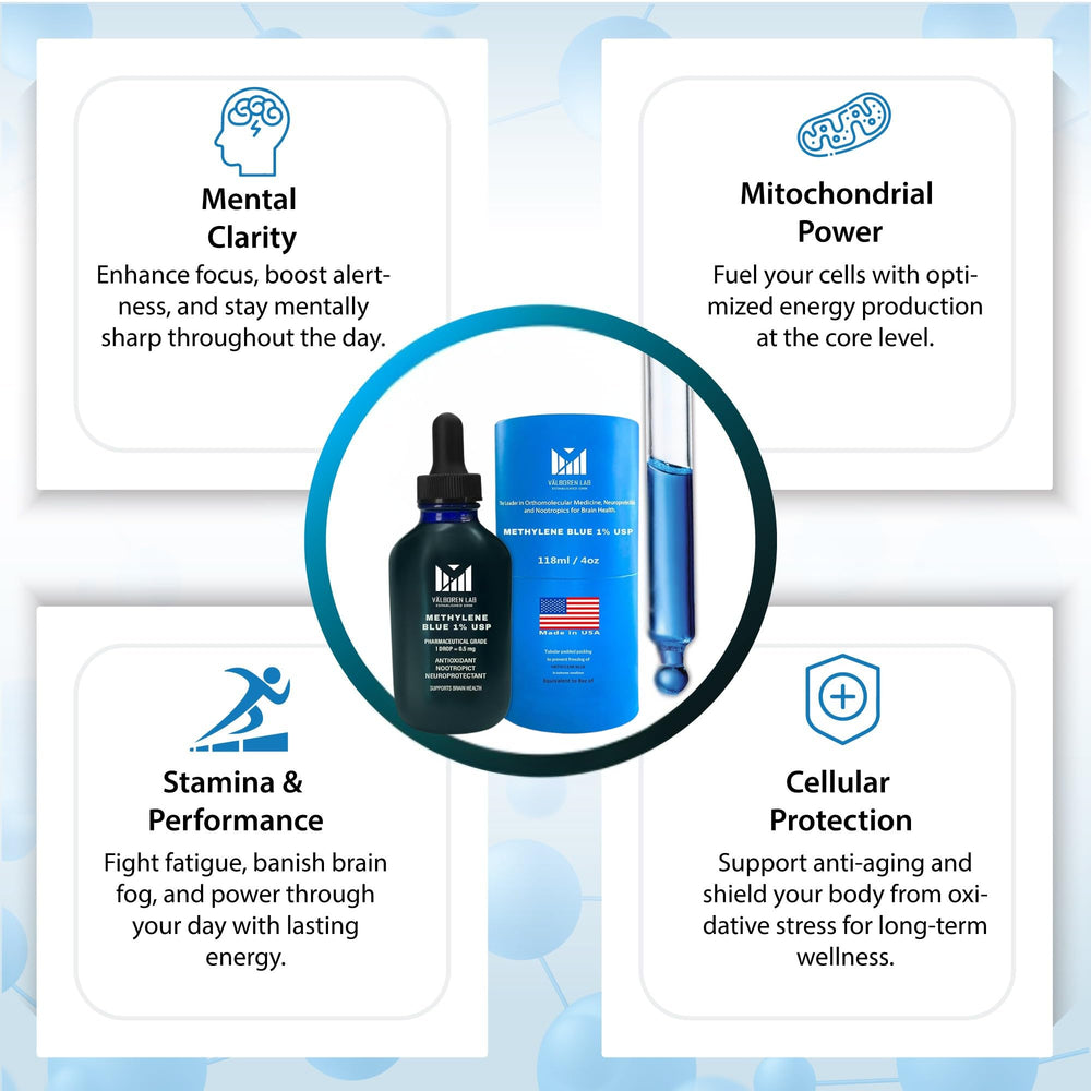 Valboren Labs Methylene Blue 1% drops pour view for easy dosing.