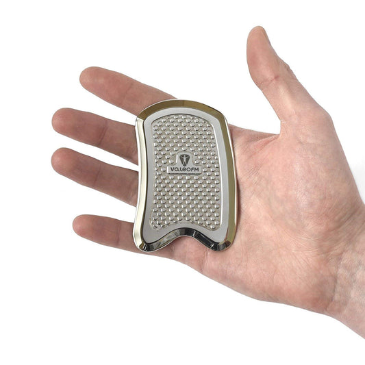 ValeoFM stainless steel IASTM tool front view demonstrates durable, precise soft tissue work