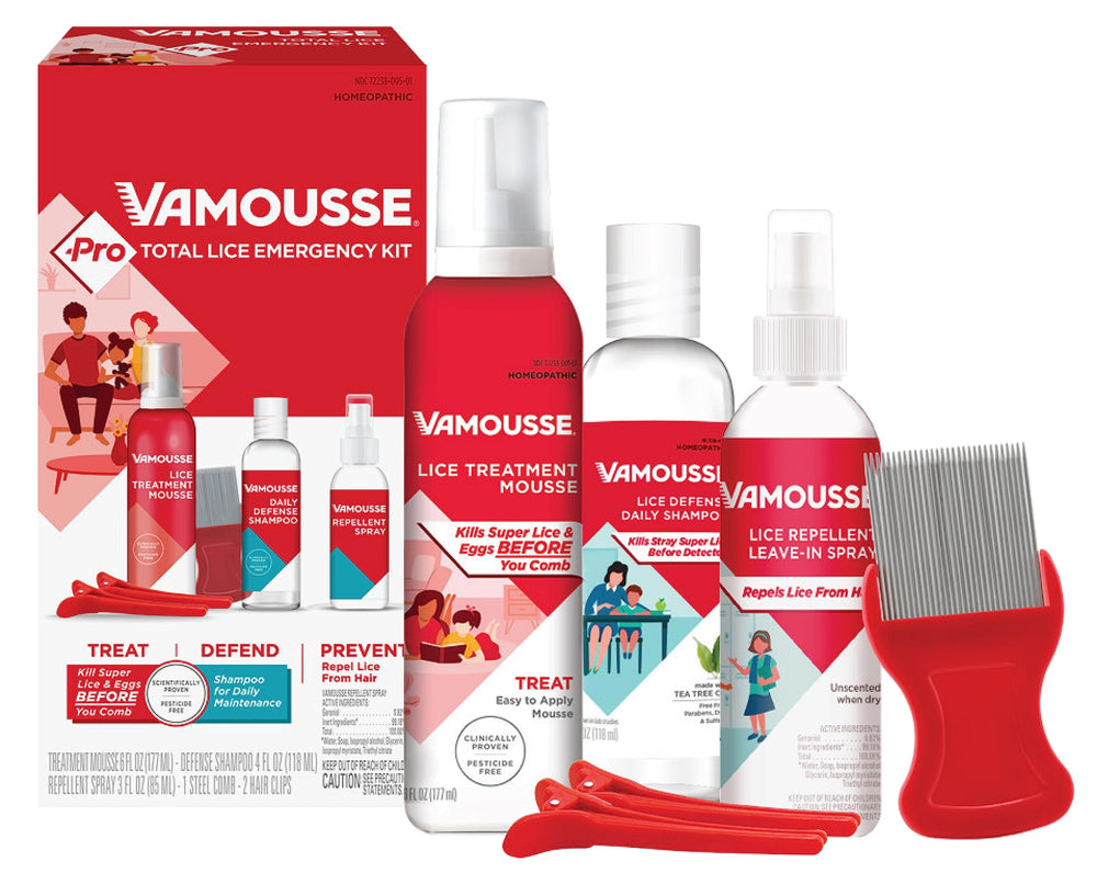 Vamousse PRO mousse bottle for fast lice treatment with easy rinsing.