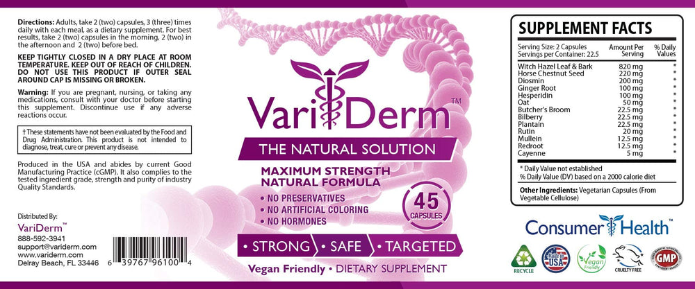 VariDerm varicose vein supplement capsules closeup highlighting easy dosing.