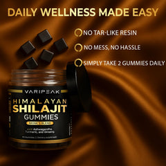 Varipeak ashwagandha-turmeric-ginseng gummies bottle label demonstrates adaptogen blend for calm focus.