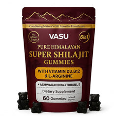 Vasu 6 in 1 Shilajit Gummies bottle front highlighting the energy-supporting blend.