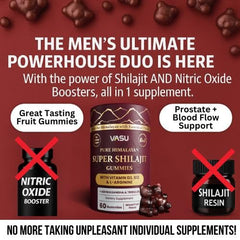 Ingredients label closeup lists Shilajit resin and key vitamins on the bottle.