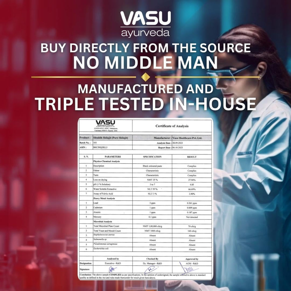 Vasu bottle label close-up emphasizing purity and lab-tested promise.
