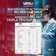 Vasu bottle label close-up emphasizing purity and lab-tested promise.