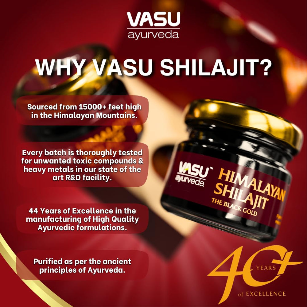 Bottle of VASU Shilajit resin suggesting energy and stamina benefits
