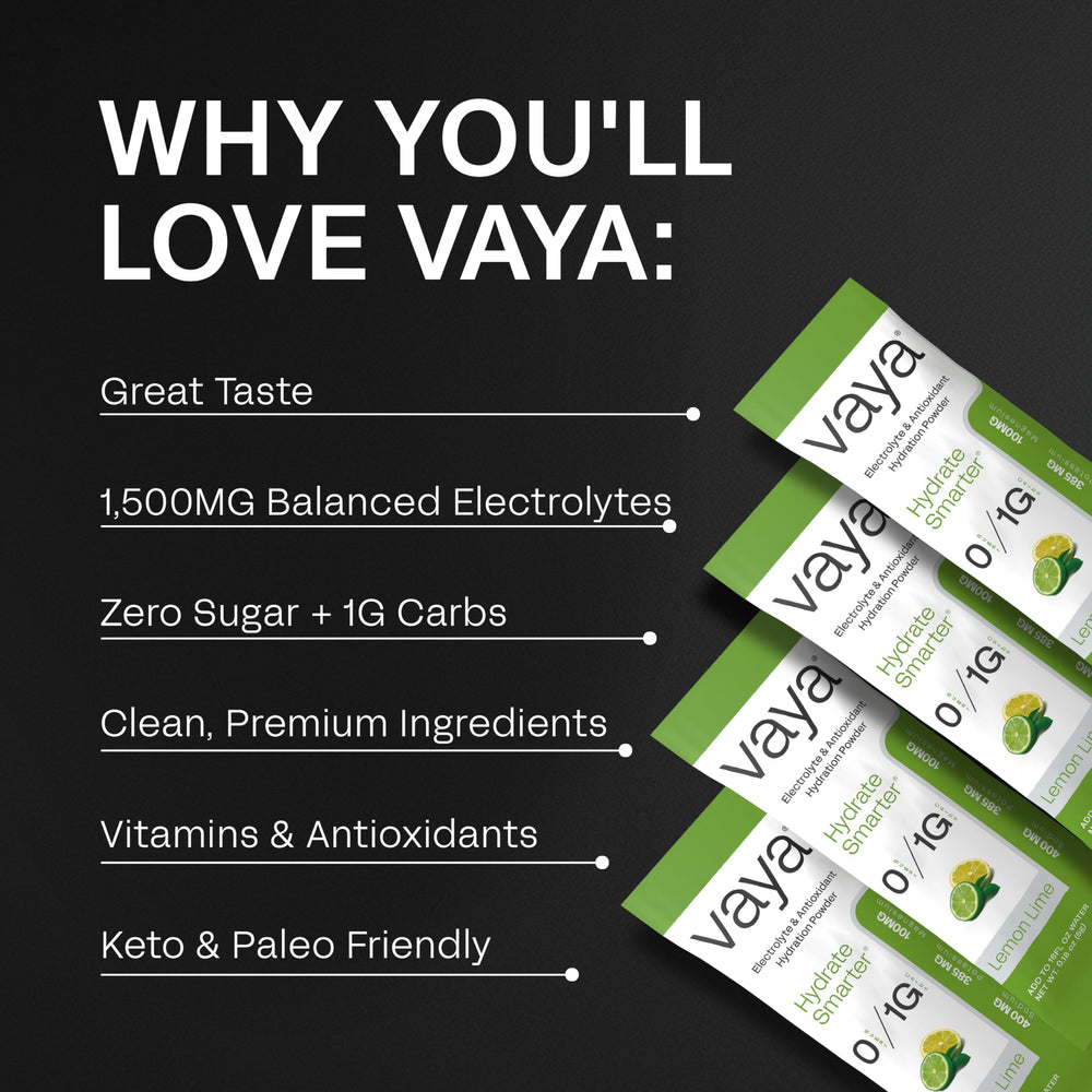 Vaya lemon-lime electrolyte packets closeup showing convenient individual servings.