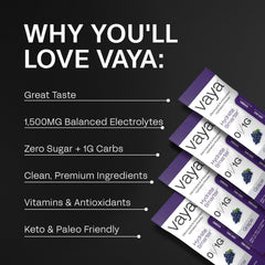 Pouring Vaya grape electrolyte packet into water for refreshment