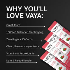 Vaya sugar-free electrolyte packets Watermelon side view highlighting clean ingredients.