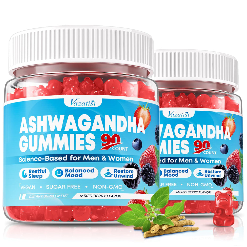 Vazatisi Ashwagandha Gummies bottle-label highlighting full-spectrum extract and daily wellness.