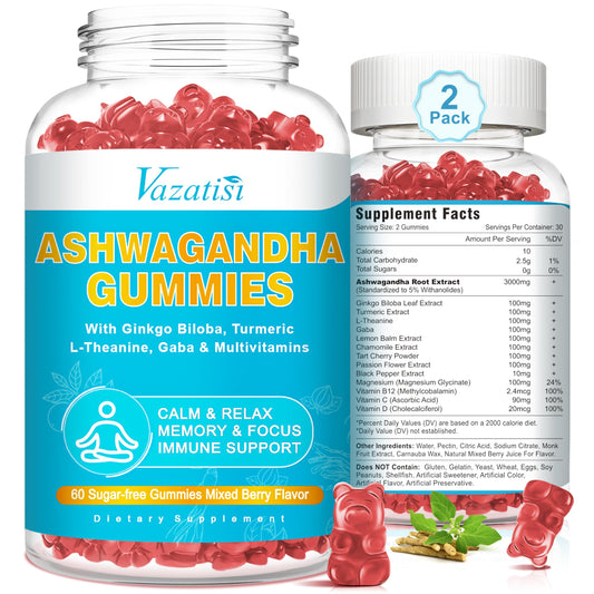 Vazatisi Ashwagandha Gummies bottle showcases the 14-in-1 blend for everyday mood and energy.