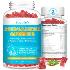 Vazatisi Ashwagandha Gummies bottle showcases the 14-in-1 blend for everyday mood and energy.