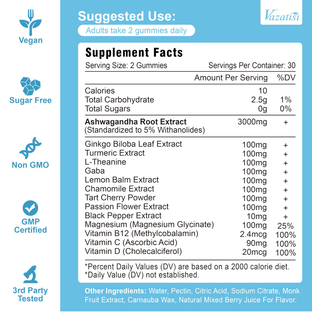 Vazatisi Ashwagandha Gummies jar close-up highlights berry flavor and easy chewability.