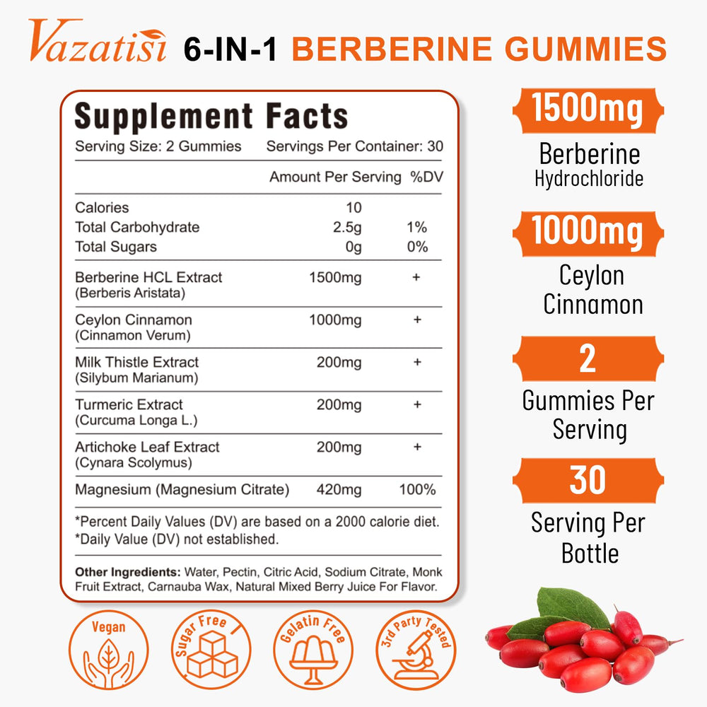 Vazatisi Berberine Gummies close-up shows gummy texture and flavor.