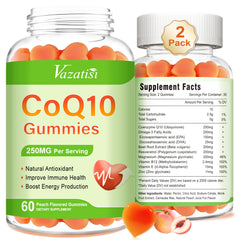 Vazatisi CoQ10 Gummies with peach flavor for convenient daily energy support.