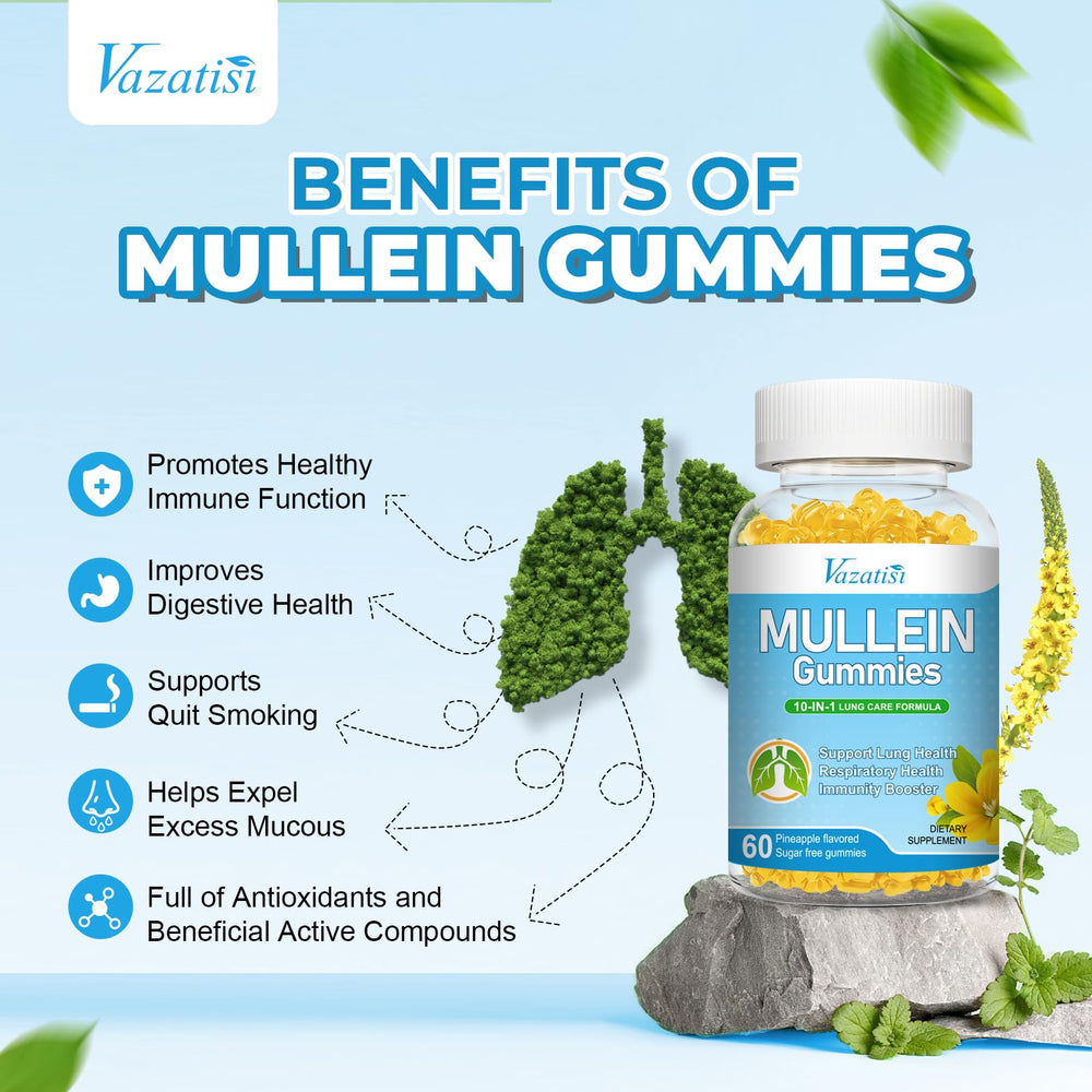 Vazatisi Mullein Gummies packaging emphasizes vegan, non-GMO goodness.