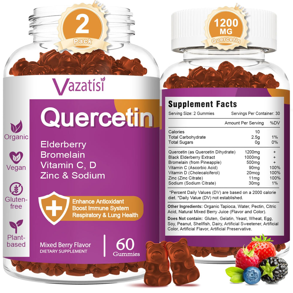 Vazatisi Quercetin Gummies bottle front with berry flavor, signaling immune support.