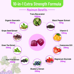 Vazatisi Resveratrol Gummies ingredients panel showcasing 10-in-1 formula