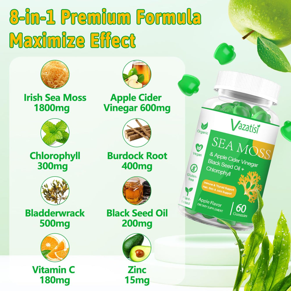 Vazatisi sea moss gummies closeup highlights chewable texture and natural apple flavor.