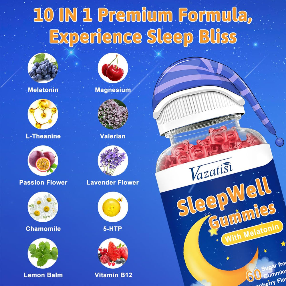 Vazatisi Sleep Gummies raspberry flavor bottle supports a more enjoyable bedtime