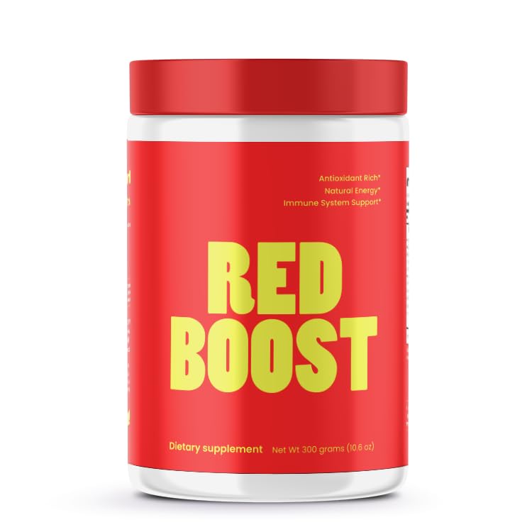 VB Health Red Boost powder tub front with vibrant red fruits for daily nutrition.
