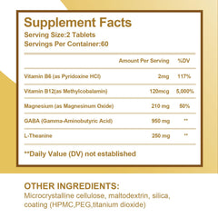 Close-up of VBTOP tablets showing 950 mg GABA and 250 mg L-Theanine.