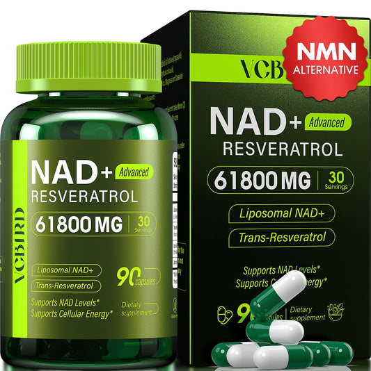 VCBIRD Nad Resveratrol bottle front highlights liposomal NAD+ for daily energy.