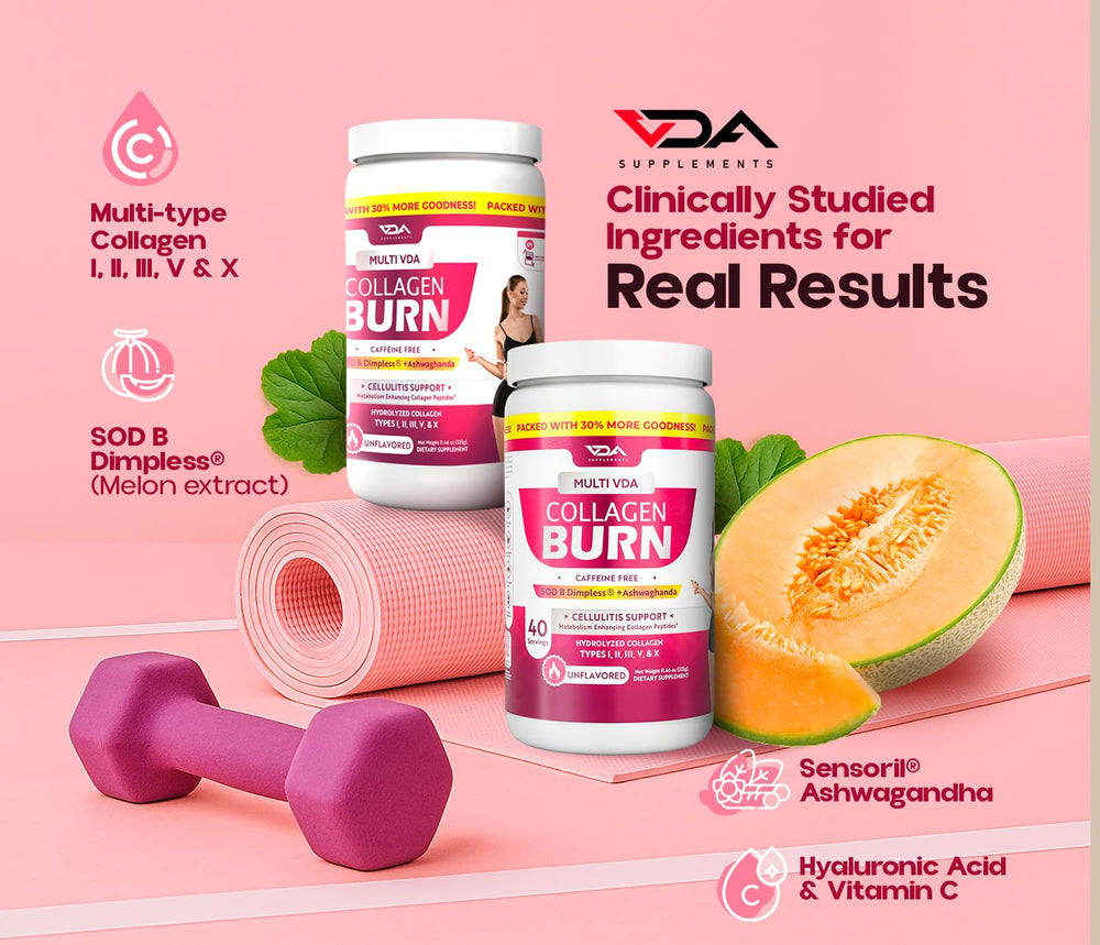 VDA Supplements unflavored collagen powder closeup dissolving smoothly in liquid.