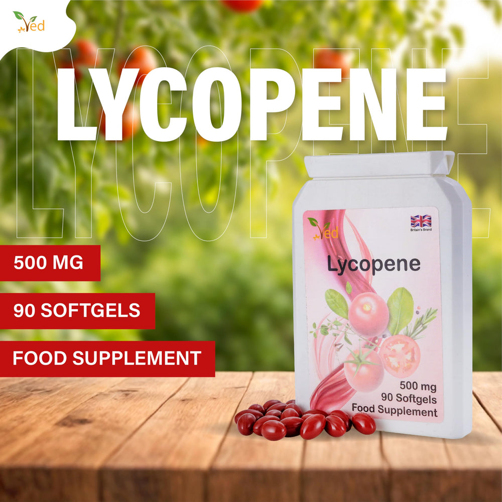 Ved Lycopene 500 mg capsules close-up of smooth softgels.