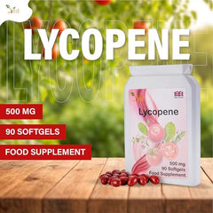 Ved Lycopene softgel bottle side view with allergen-free labeling