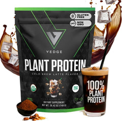 VEDGE Cold Brew Latte container highlighting organic plant protein for convenient shakes.