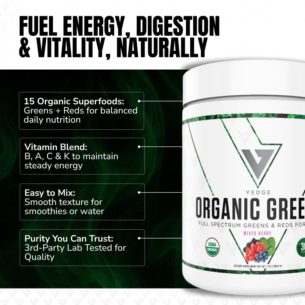 VEDGE Nutrition Organic Greens packaging front emphasizes USDA Organic and clean ingredients.