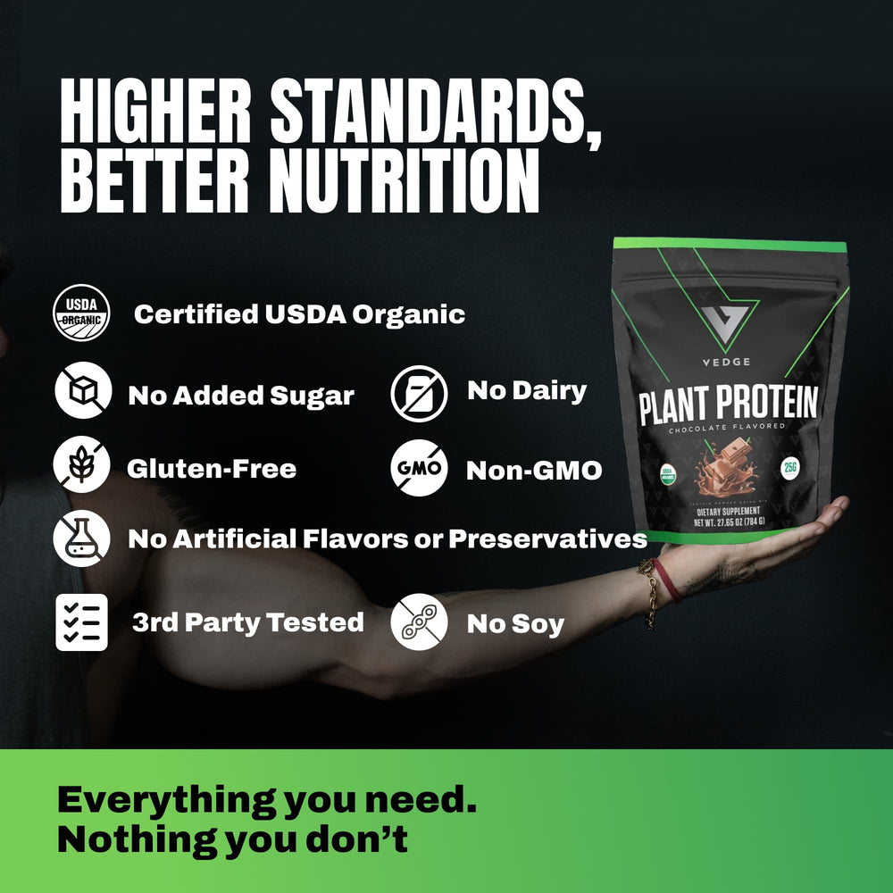 VEDGE chocolate powder blends pea, pumpkin, and sunflower seeds for complete amino acid profile.