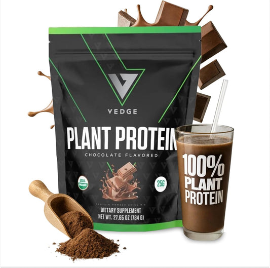VEDGE Vegan Protein Powder chocolate tub with 25g protein per scoop for post-workout recovery.