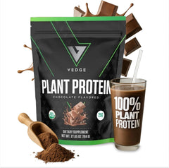 VEDGE Vegan Protein Powder chocolate tub with 25g protein per scoop for post-workout recovery.