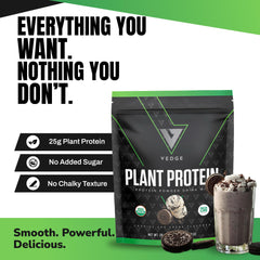 VEDGE vegan protein powder scoop ready for a quick shake.