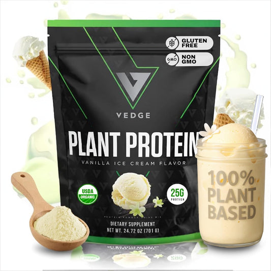 VEDGE Vegan Protein Powder vanilla tub, organic plant protein for daily performance.