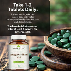 VEDIKROOTS Arogyavardhini Vati herbal ingredients showcasing natural wellness botanicals.