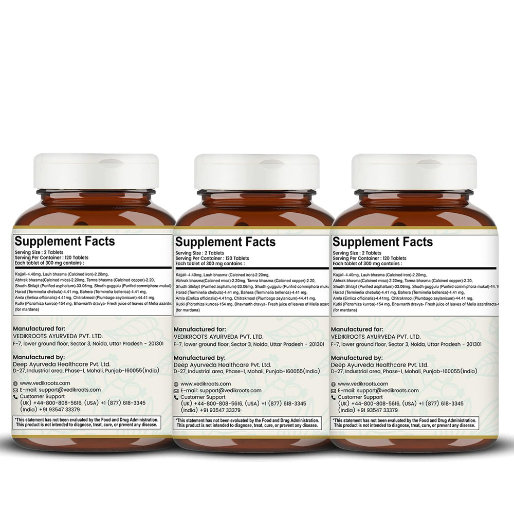 VEDIKROOTS Arogyav ardhini Vati tablets closeup highlighting herbal formulation.