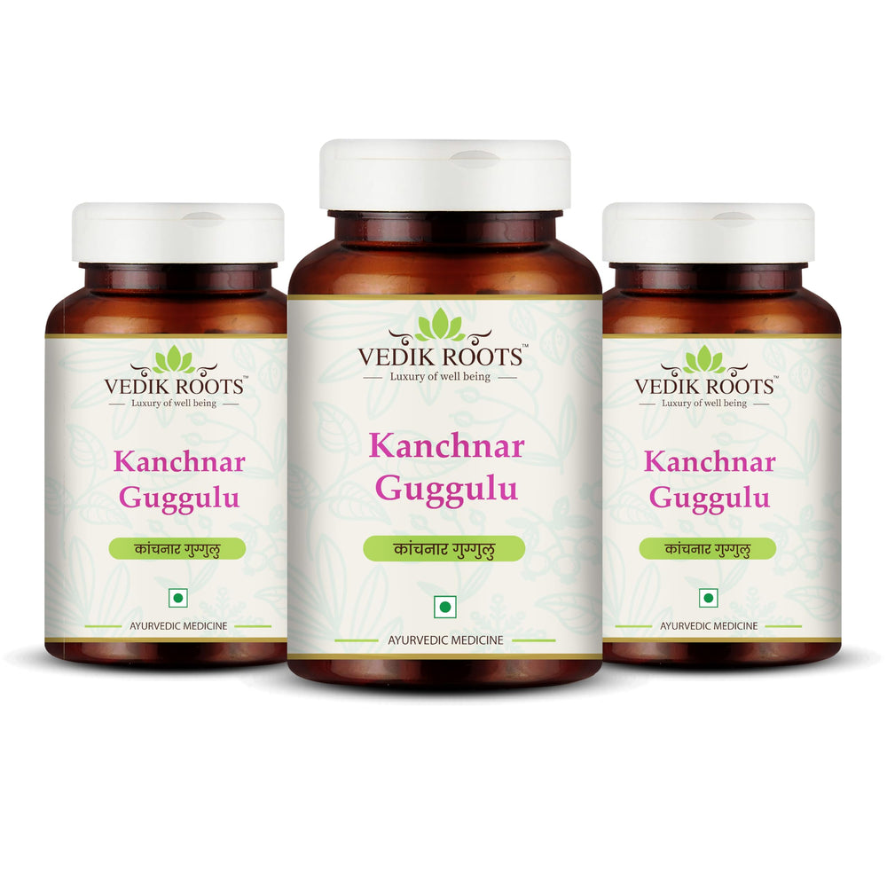 VEDIKROOTS Kanchnar Guggulu bottle showcases pure Ayurvedic blend for thyroid support