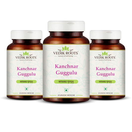 VEDIKROOTS Kanchnar Guggulu bottle showcases pure Ayurvedic blend for thyroid support