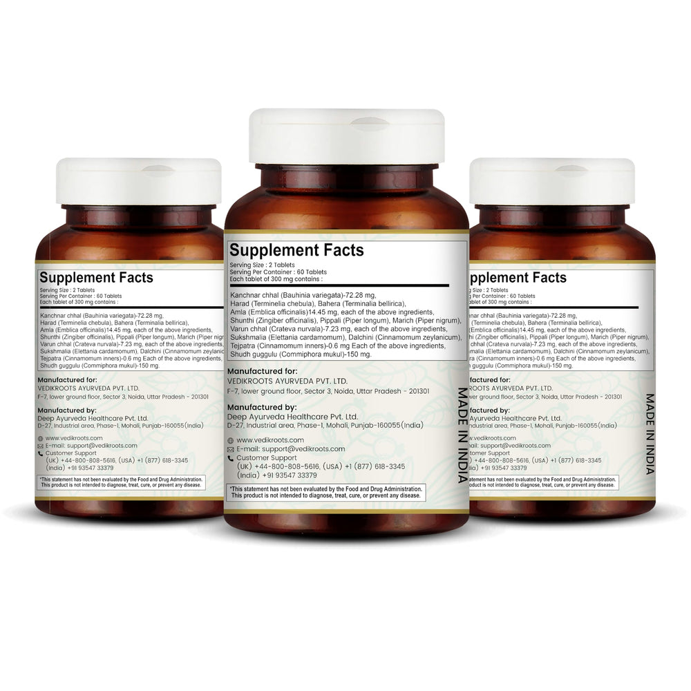 Dosage directions show two to four tablets with warm liquid for daily use